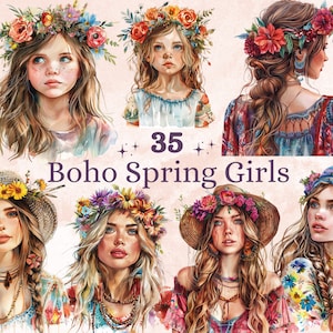 35 PNG Acquerello Boho Spring Girls Clipart, Illustrazioni floreali primaverili donna Clip art, Signora con fiori, Boho Little Girl Sublimazione