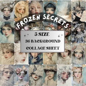 Whimsy Frozen Secrets Collage Paper, Surreal Winter Art Mixed Media Sheet, Whimsical Ephemera Images, Quirky Junk Journal, Scrapbook Paper