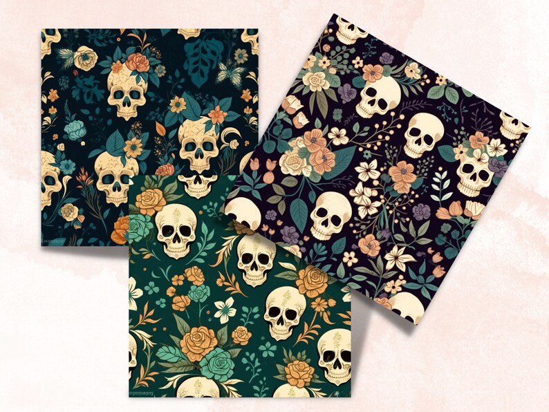 Vintage Floral Skull Digital Paper, Skull flowers digital paper pack, skeletons and vintage flowers for journal and scrapbooking pages pack