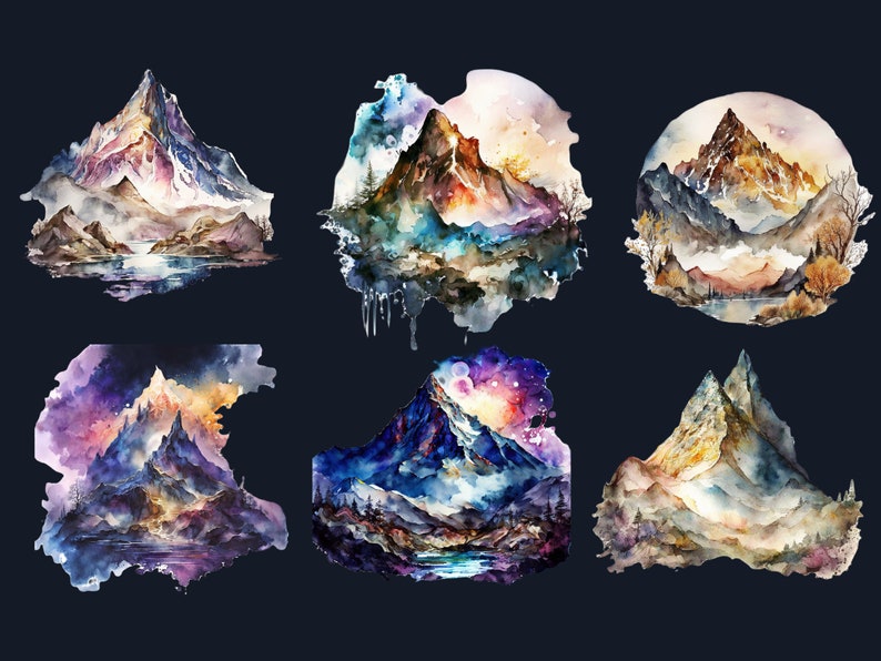 20 PNG Watercolor Fantasy Mountains Clipart, Magical Mountains Clip art, mountains landscape png, Landscape clipart, Mountains Scenes png