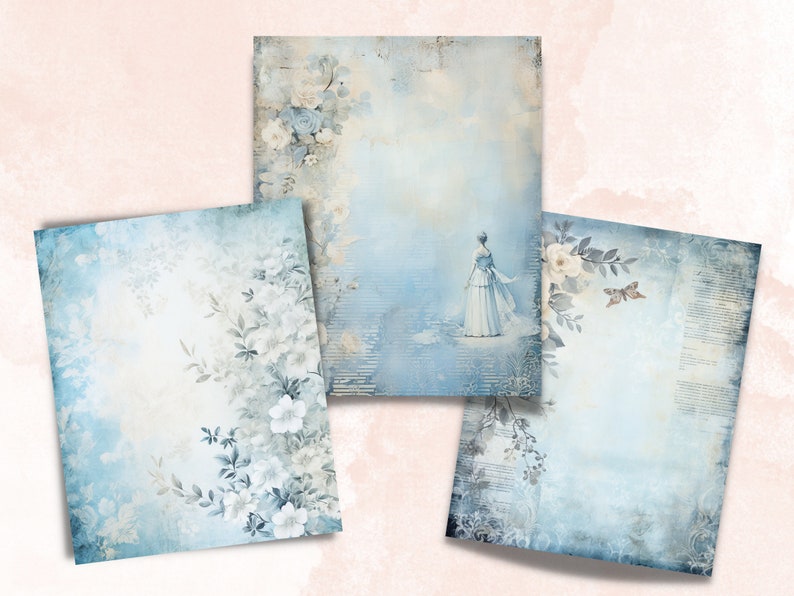 Blue Shabby Chic Junk Journal Paper Pack, Vintage Shabby Chic Ephemera Kit, Romantic Scrapbook Paper, Printable Floral Roses Digital Pages