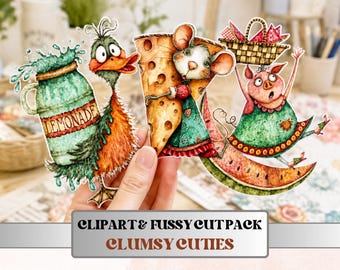 Clumsy Cuties Fussy Cuts & Clipart, Printable Quirky Cut Outs, Funny Ephemera, Junk Journal Scrapbook Kit, Whimsical Paper Craft