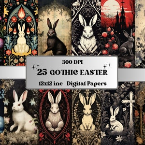 May include: A set of 25 digital papers featuring gothic Easter designs. The papers feature black and white rabbits, floral patterns, crosses, and eggs. The papers are 12x12 inches and 300 DPI.