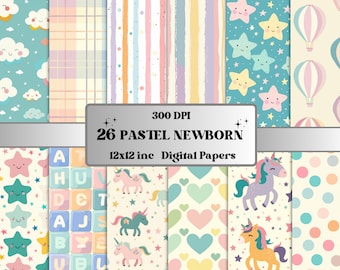 Printable Pastel Newborn Baby Paper, Pastel Baby Nursery Ephemera, Cute Baby Shower Pages, Download Junk Journal, Scrapbooking, Card Making