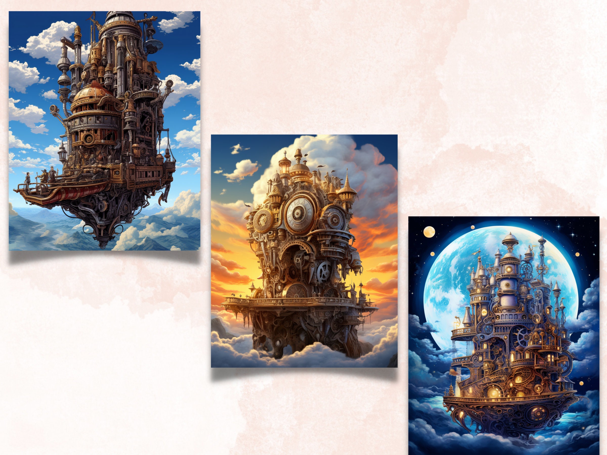 印刷可能なスチームパンク天体デジタルペーパー、スチームパンク銀河