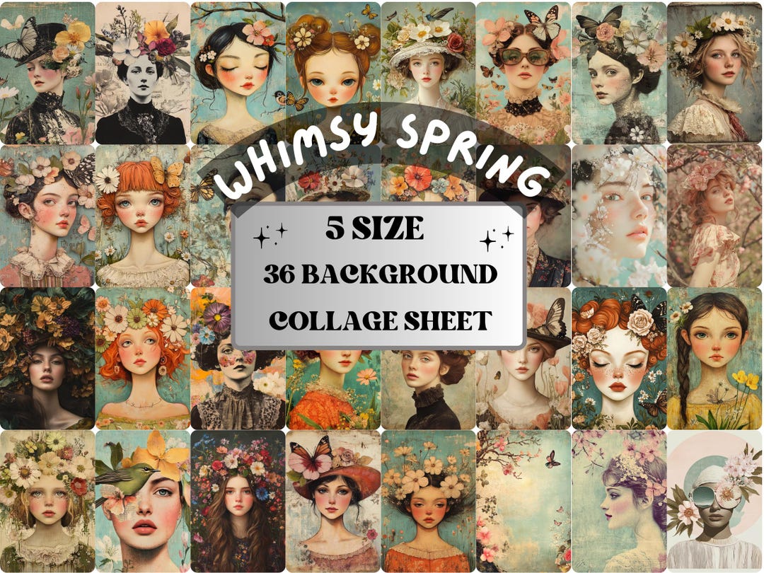 Whimsy Spring Trend Whimsy Spring Blooming Collage Paper, Surreal Quirky Mixed Media Sheet ...