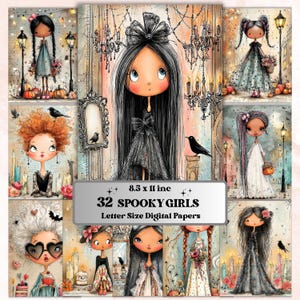 Peut inclure: Une collection de papiers numériques présentant 32 illustrations de filles dans des décors effrayants, avec des lustres, des corbeaux et des citrouilles. Le texte central indique 8.5 x 11 inch 32 SPOOKY GIRLS Letter Size Digital Papers.
