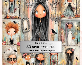 Spooky Girls Digital Paper Pack | Quirky Halloween Women Junk Journal Scrapbook (32 Sheets, Letter Size)