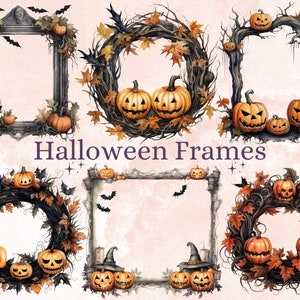 40 PNG Watercolor Halloween Frames Clipart, Halloween Wreaths Illustrations Clip art, Fall Witchcraft png, Autumn Pumpkin Border Sublimation