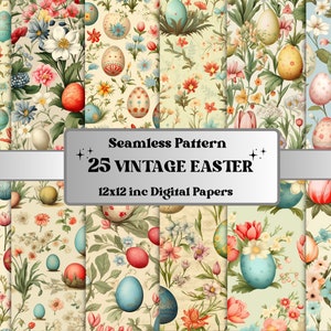 Papel digital de Pascua vintage sin costuras, patrón sin costuras de conejito de Pascua retro, fondo floral de primavera, patrón de huevos de Pascua, papel de álbum de recortes