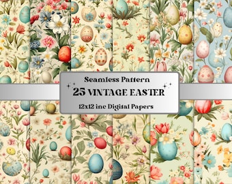 Seamless Vintage Easter Digital Paper, Retro Easter Bunny Seamless Pattern, Floral Spring Background, Easter Eggs Pattern, Scrapbook Paper