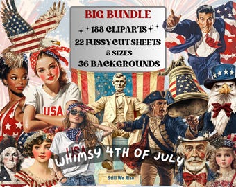 Whimsy 4th of July Collage Set, Independence Day USA Fussy Cut, Vintage 4th of July Clipart, Patriotic Junk Journal, America Flag Background