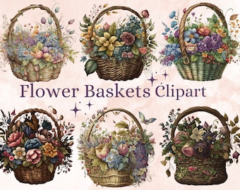 16 PNG Watercolor Flower Basket Clipart, Floral Basket Clip Art, Watercolour Spring Florals Clipart - Easter Baskets PNG, Flowers in Baskets