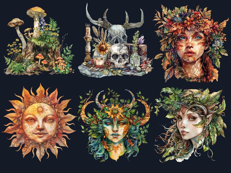 60 PNG Watercolor Litha Clipart, Floral Pagan Holiday Wiccan Art Illustrations Clip art, Summer Solstice png, Litha Sun Goddess Sublimation