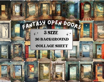 Fantasy Open Door Collage Paper, Surreal Mixed Media Sheet, Magical Door Background, Whimsical Ephemera Images, Quirky Journal, Scrapbook
