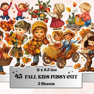Fall Kids Fussy Cut Pages, Vintage Autumn Kids Fussy Cut Ephemera, Rustic Fall Add On Journal Kit, Cozy Scrapbooking, Cottage Sticker Set