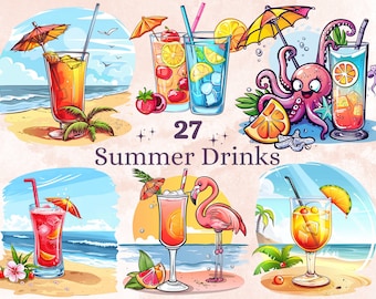 27 PNG Summer Drinks Sublimation, Beach Cocktail Png, Watercolor Drink Clipart, Summer Shirts Design, Signature Cocktail PNG, Commercial Use