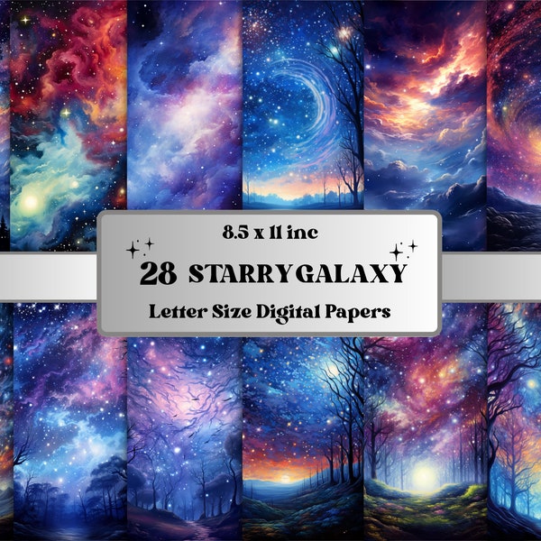 Printable Starry Galaxy Digital Paper, Starry Night Sky Background, Cosmic Space Landscape Backdrop, Download Junk Journal, Scrapbooking