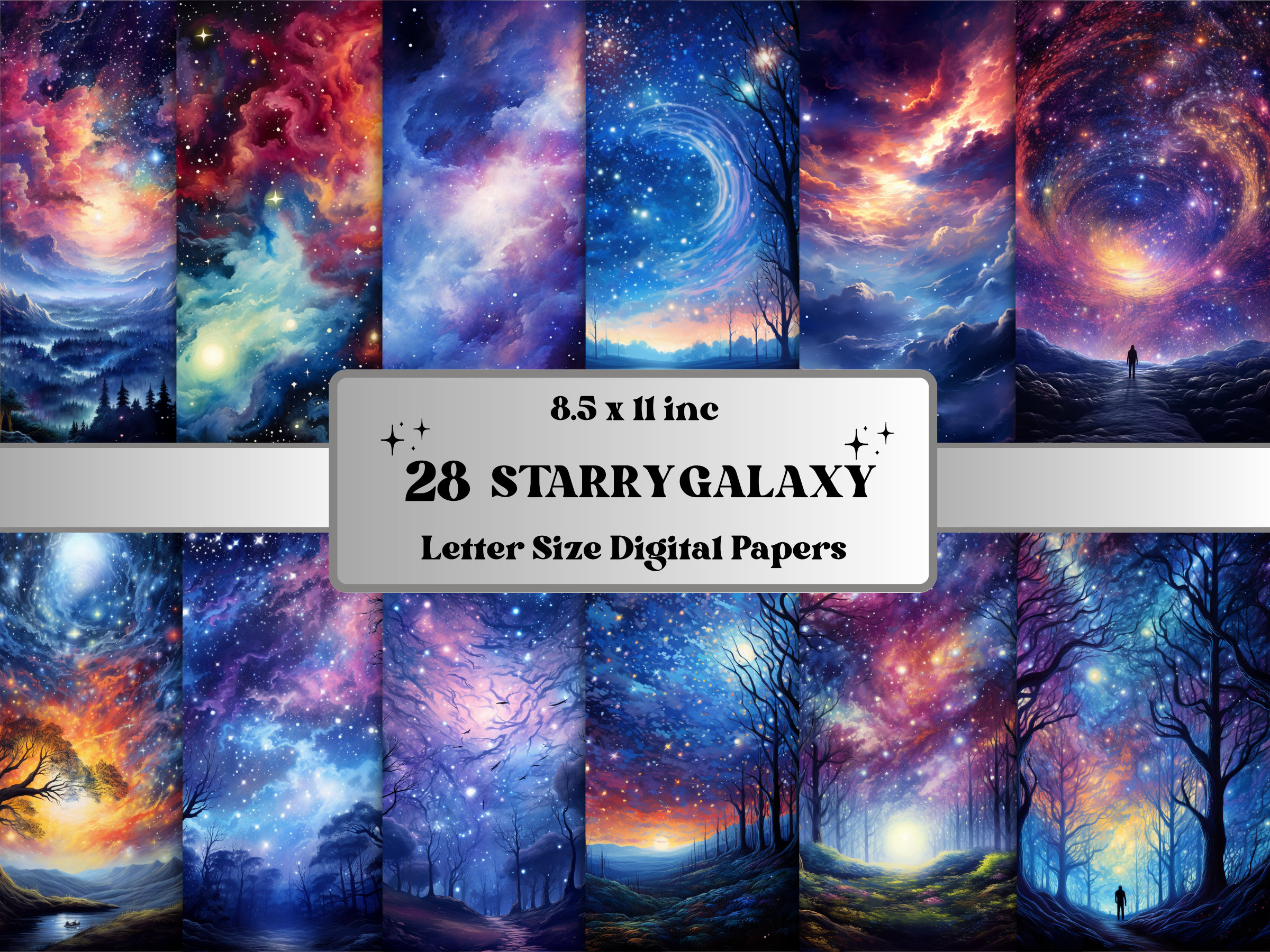 Printable Starry Galaxy Digital Paper, Starry Night Sky Background ...