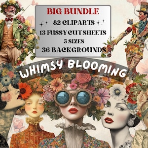 Whimsy Blooming Collage Elements, Whimsical Floral Woman Fussy Cut, Quirky Flower Clipart, Spring Junk Journal, Surreal Clipart Background