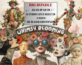 May include: A digital collage featuring whimsical illustrations of people with floral crowns and a man in a top hat. The text "BIG BUNDLE + 82 CLPARTIS + 13 FUSSY CUTSHEETS 5 SIZES 36 BACKGROUNDS WHIMSY BLOOMING" is displayed in the image.