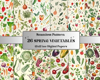 Papel digital de verduras de primavera sin costuras, patrón botánico sin costuras, fondo de verduras de verano, patrón de jardín de primavera, papel de álbum de recortes