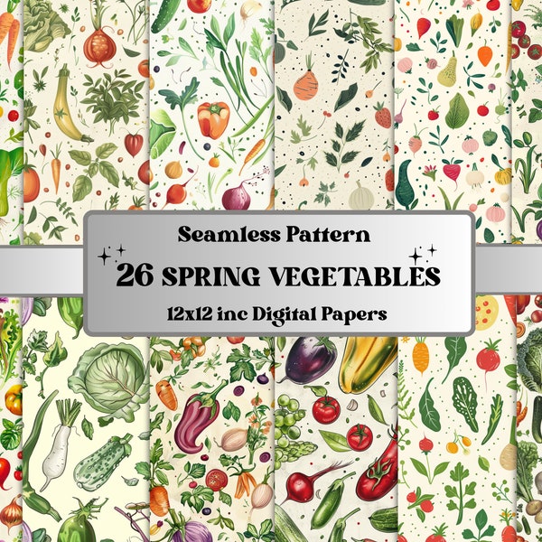 Seamless Spring Vegetables Digital Paper, Botanical Seamless Pattern, Summer Vegetables Background, Spring Garden Pattern, Scrapbook Paper