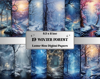 Printable Enchanted Winter Forest Digital Paper, Snow Forest Background, Fantasy Landscape Backdrop, Télécharger Junk Journal, Scrapbooking