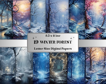 Printable Enchanted Winter Forest Digital Paper, Snow Forest Background, Fantasy Landscape Backdrop, Download Junk Journal, Scrapbooking