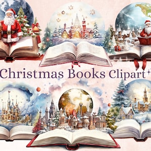 30 PNG Acquerello Natale Libri Clipart Bundle, Fantasy Magical Open Book Clip art, Cute Winter Holiday Graphic png, Xmas Noel Sublimation