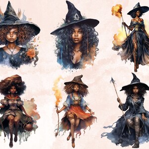25 PNG akvarell svarta flickor häxor clipart, häxkonst clipart, afro häxa clip art png, magisk clip art, afrikansk melanin svart kvinna PNG bild 7