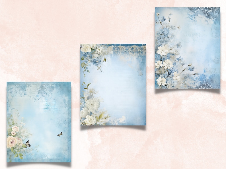 Blue Shabby Chic Junk Journal Paper Pack, Vintage Shabby Chic Ephemera Kit, Romantic Scrapbook Paper, Printable Floral Roses Digital Pages