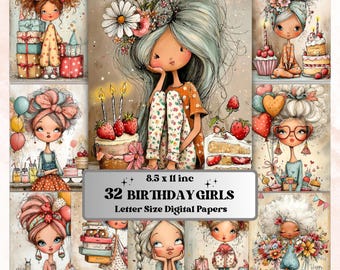 Birthday Girls Digital Paper Pack | Quirky Whimsical Junk Journal Scrapbook (32 Sheets Letter Size)