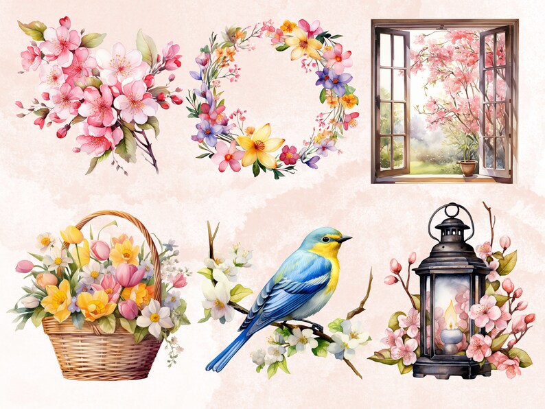 50 PNG Watercolor Spring Bundle Clipart, Floral Spring Illustrations ...