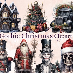 42 PNG Aquarel Gotische Creepy Christmas Bundle Clipart, Spooky Dark Christmas Illustrations, Winter Holiday png, Xmas Noel Sublimation