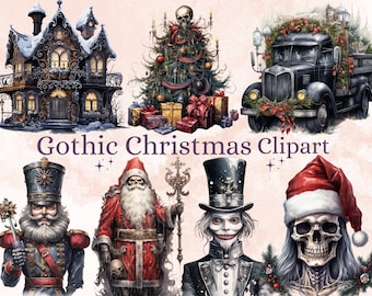 42 PNG Watercolour Gothic Creepy Christmas Bundle Clipart, Spooky Dark Christmas Illustrations, Winter Holiday png, Xmas Noel Sublimation