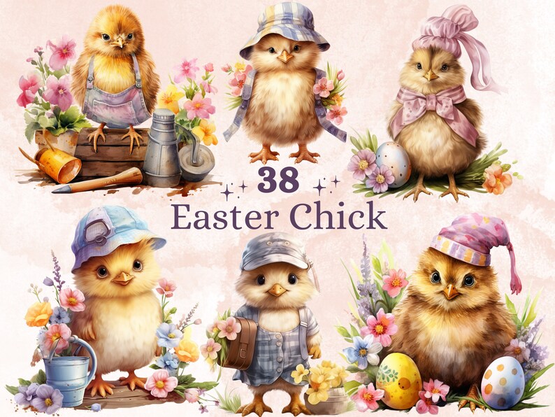 38 PNG Watercolor Easter Chick Clipart, Floral Easter Chick Illustrations Clip art, Garden Farmer Chicken Sublimation, Cute Spring Birds Png