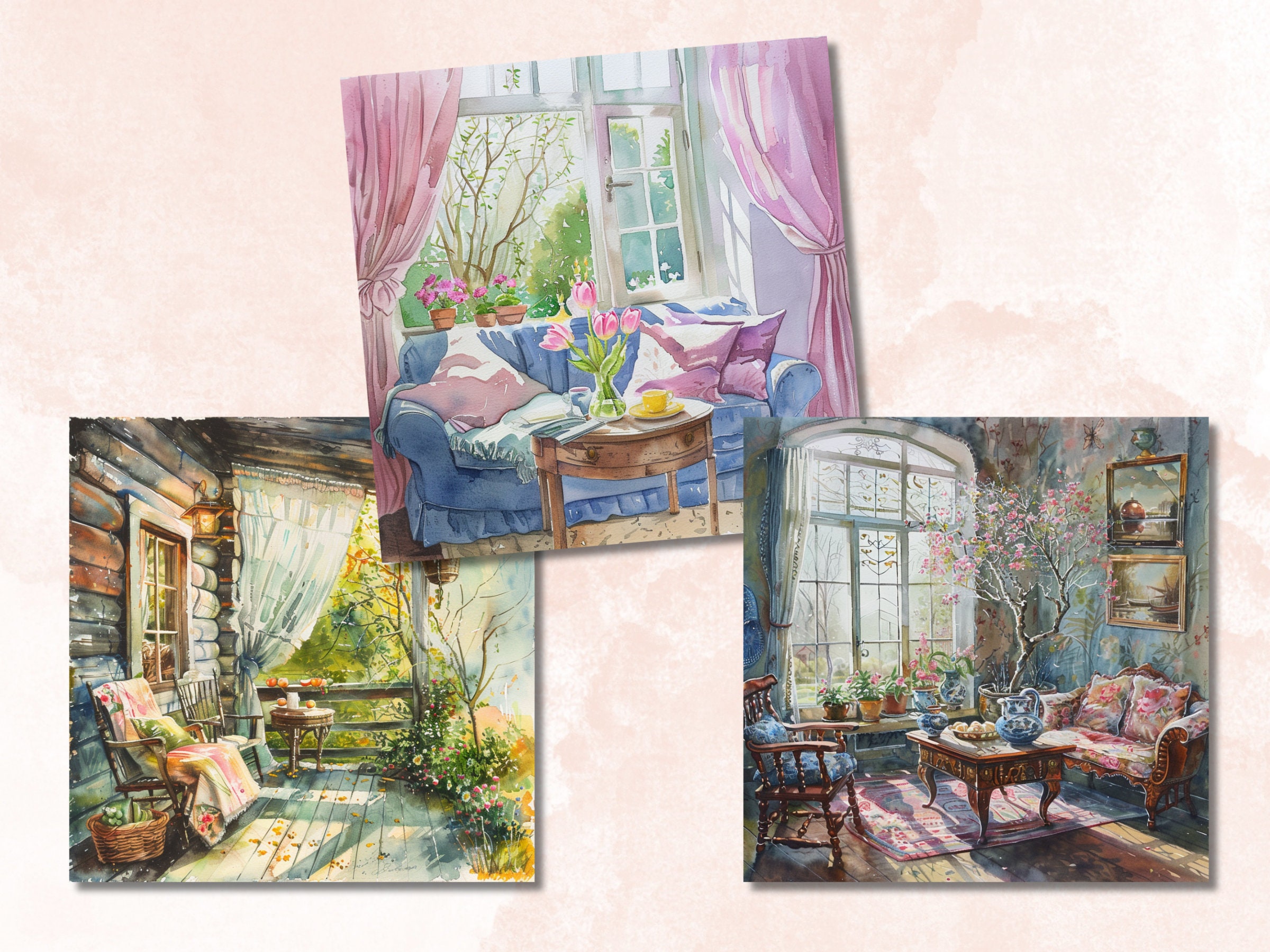 Printable Spring Scene Printable Watercolor Spring Scenes Digital Paper, Cozy Spring ...