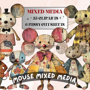 Könnte beinhalten: Eine Sammlung von Mixed-Media-Maus-Cliparts und -Schnittbögen. Die Mäuse sind in Kleidung im Vintage-Stil gekleidet und haben große Ohren. Das Bild enthält den Text "Mixed Media" und "Mouse Mixed Media".
