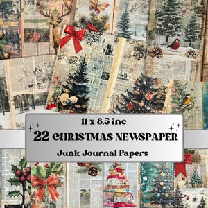 Christmas Newspaper Junk Journal Kit, Noel Patchwork Pages Ephemera, Mixed Media Collage Sheet, Xmas Scrapbook Paper, Christmas ATC Card
