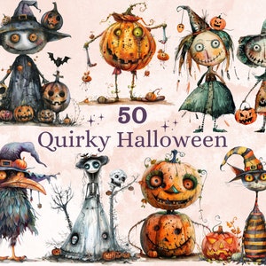 50 PNG aquarelle original Halloween Bundle Clipart, Illustrations Halloween fantaisistes Clip art, png effrayant mignon, sublimation saison fantasmagorique
