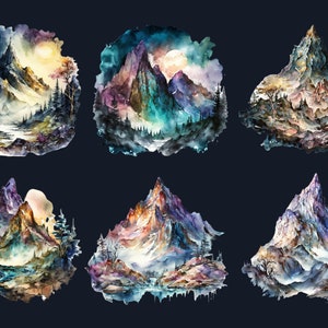 20 PNG Watercolor Fantasy Mountains Clipart, Magical Mountains Clip art, mountains landscape png, Landscape clipart, Mountains Scenes png