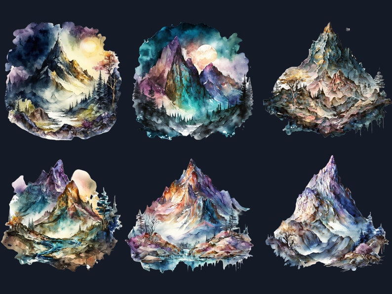 20 PNG Watercolor Fantasy Mountains Clipart, Magical Mountains Clip art, mountains landscape png, Landscape clipart, Mountains Scenes png