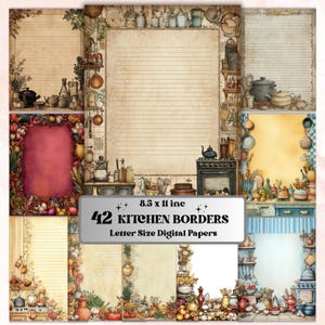 Può includere: Una collezione di 42 fogli digitali formato lettera con bordi a tema cucina. I fogli presentano illustrazioni ad acquerello di oggetti da cucina, tra cui pentole, padelle e utensili, con un'estetica vintage. I fogli misurano 21,59 x 27,94 cm.
