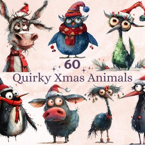 60 PNG Quirky Christmas Animals Clipart, Whimsical Christmas Illustrations Clip art, Quirky Animals Bundle png, Fantasy Xmas Sublimation