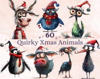 60 PNG Quirky Christmas Animals Clipart, Whimsical Christmas Illustrations Clip art, Quirky Animals Bundle png, Fantasy Xmas Sublimation