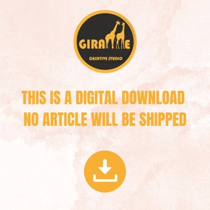 Puede incluir: Un gr&aacute;fico de descarga digital con un icono de flecha de descarga amarillo y el texto "Esta es una descarga digital. No se enviar&aacute; ning&uacute;n art&iacute;culo." El gr&aacute;fico tambi&eacute;n presenta un c&iacute;rculo negro con el texto "Girafe Creative Studio" y dos jirafas amarillas.