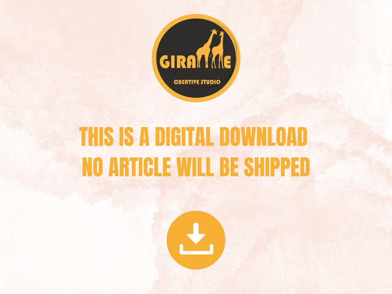 Puede incluir: Un gr&aacute;fico de descarga digital con un icono de flecha de descarga amarillo y el texto "Esta es una descarga digital. No se enviar&aacute; ning&uacute;n art&iacute;culo." El gr&aacute;fico tambi&eacute;n presenta un c&iacute;rculo negro con el texto "Girafe Creative Studio" y dos jirafas amarillas.