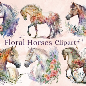 19 PNG aquarel bloemen paard clipart, paard met bloemen PNG bundel, paard sublimatie ontwerpen, paard illustratie, Fantasy paard clip art