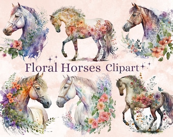 19 PNG Watercolor Floral Horse Clipart, Horse with Flowers PNG Bundle, Horse Sublimation Designs, horse illustration, Fantasy Horse Clip Art